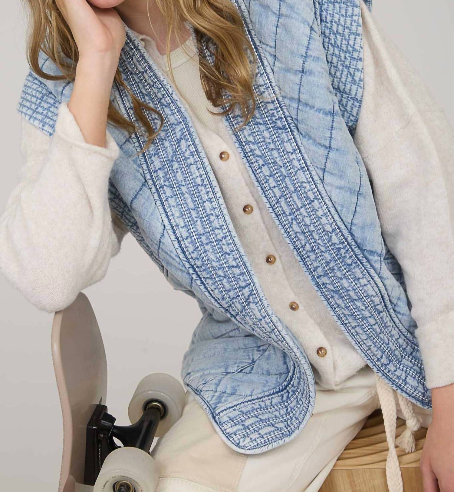Blu Pepper Quilted Vest in washed denim - women's jacket - alternate view