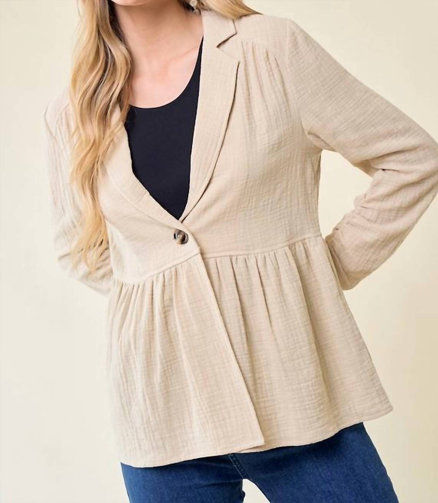 Doe and Rae Shirred Gauze Blazer in tan - women's jacket