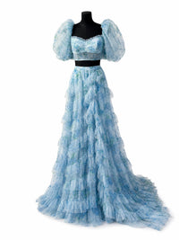 Sherri Hill Two Piece Ruffle Skirt Gown Set in light blue floral - women's dress - alternate view
