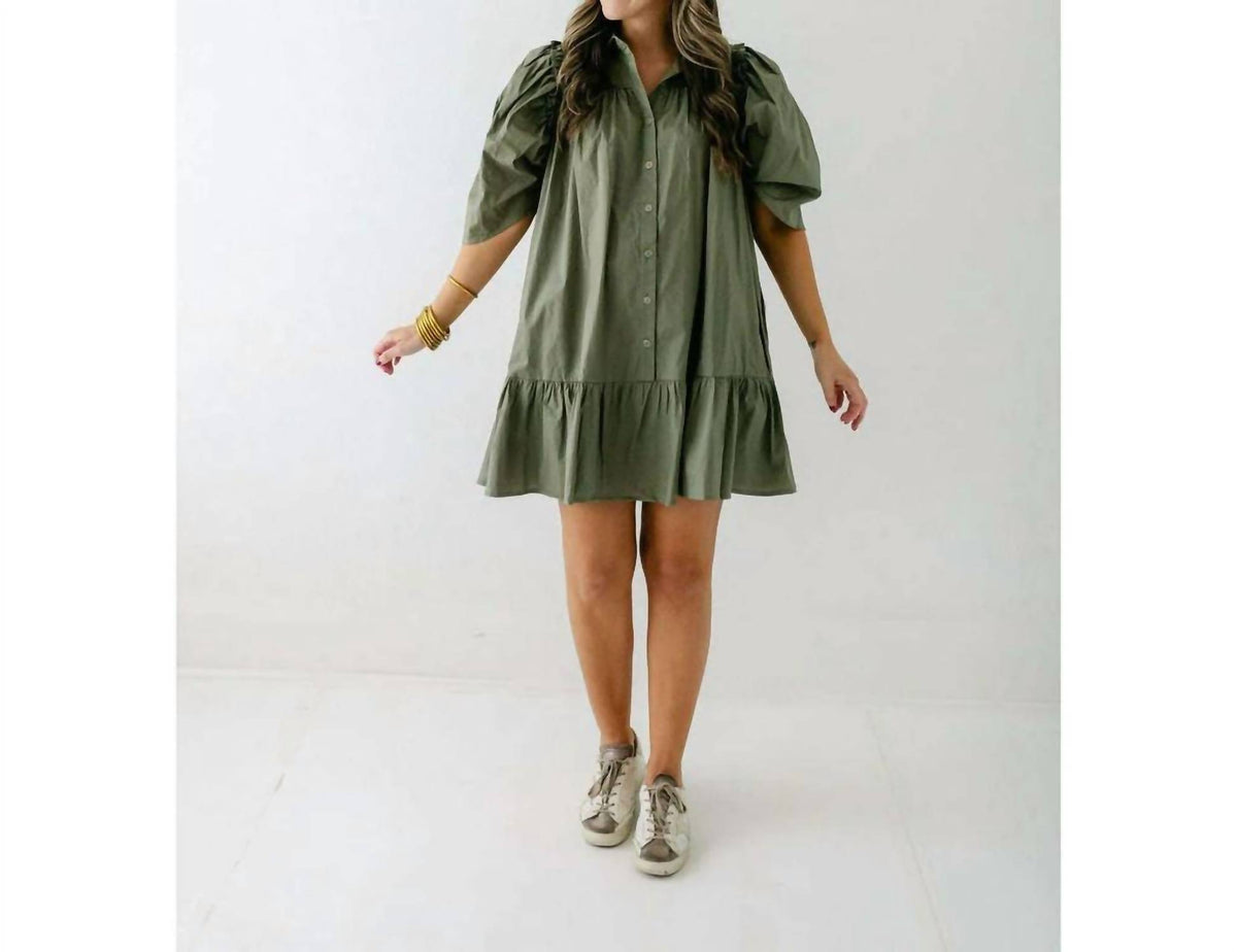 Karlie - Solid Button Puff Sleeve Ruffle Dress