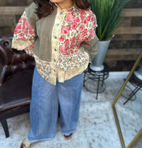 Pol - Floral Ruffle Button Front Long Sleeve Top