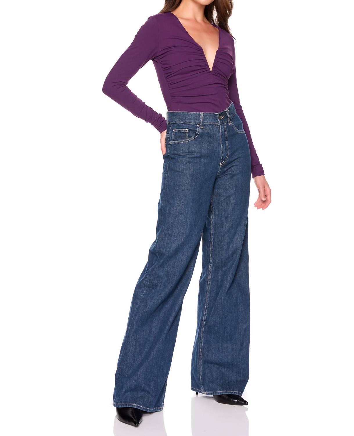 Susana Monaco V Wire Gathered Long Sleeve Top in plum - women's blouse - alternate view