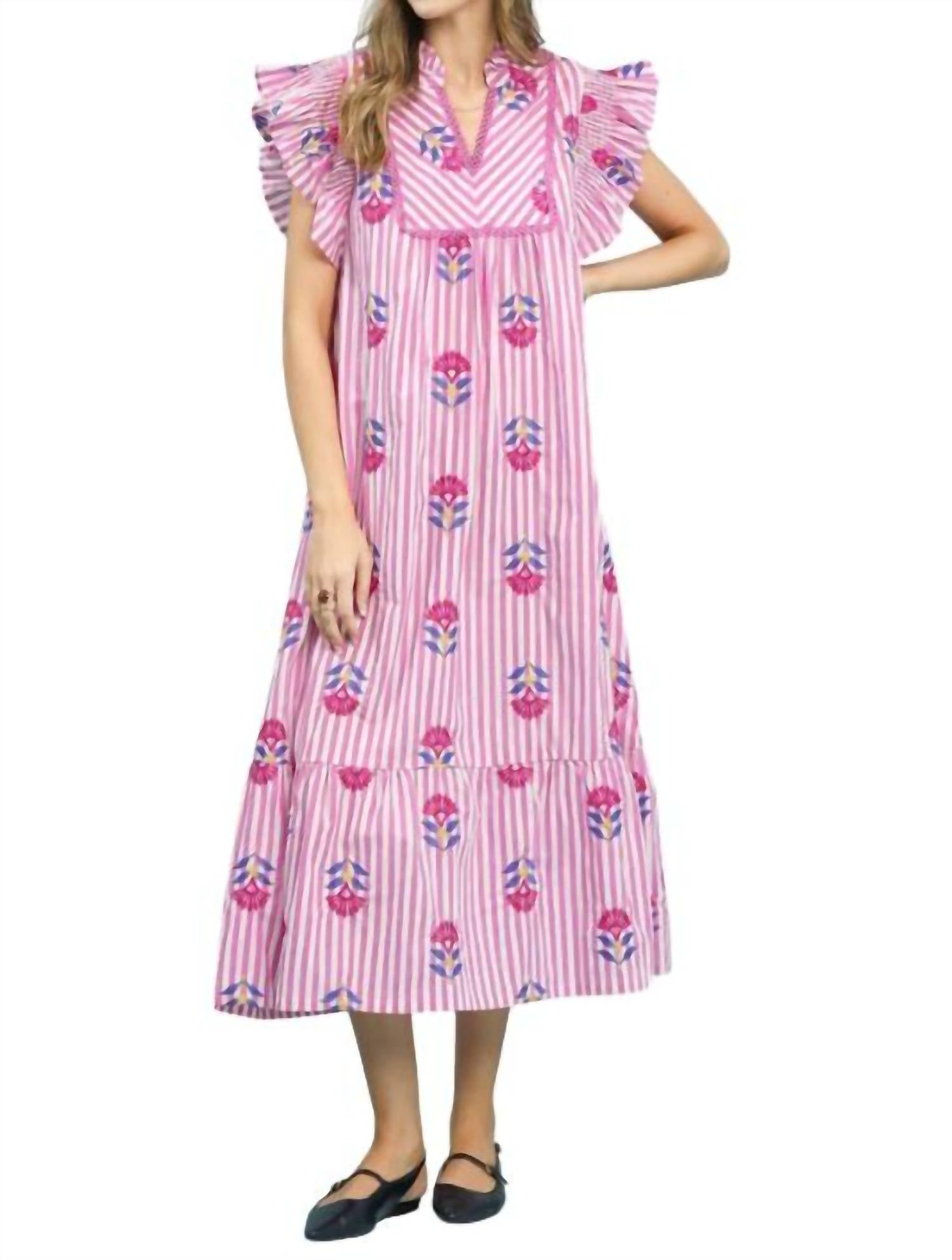 umgee Stripe Floral Flutter Sleeve Tiered Midi Dress in pink - women's dress