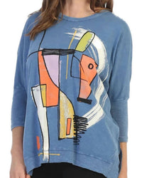 Jess & Jane Modern Art Mineral Washed Cotton Dolman Sleeve Top in marine blue - women's blouse - detail view