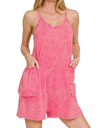 Zenana - Acid Crinkle Washed Spaghetti Strap Romper