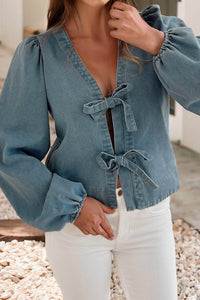 Little Daisy Closet - Tie Front Long Puff Sleeve Denim Top