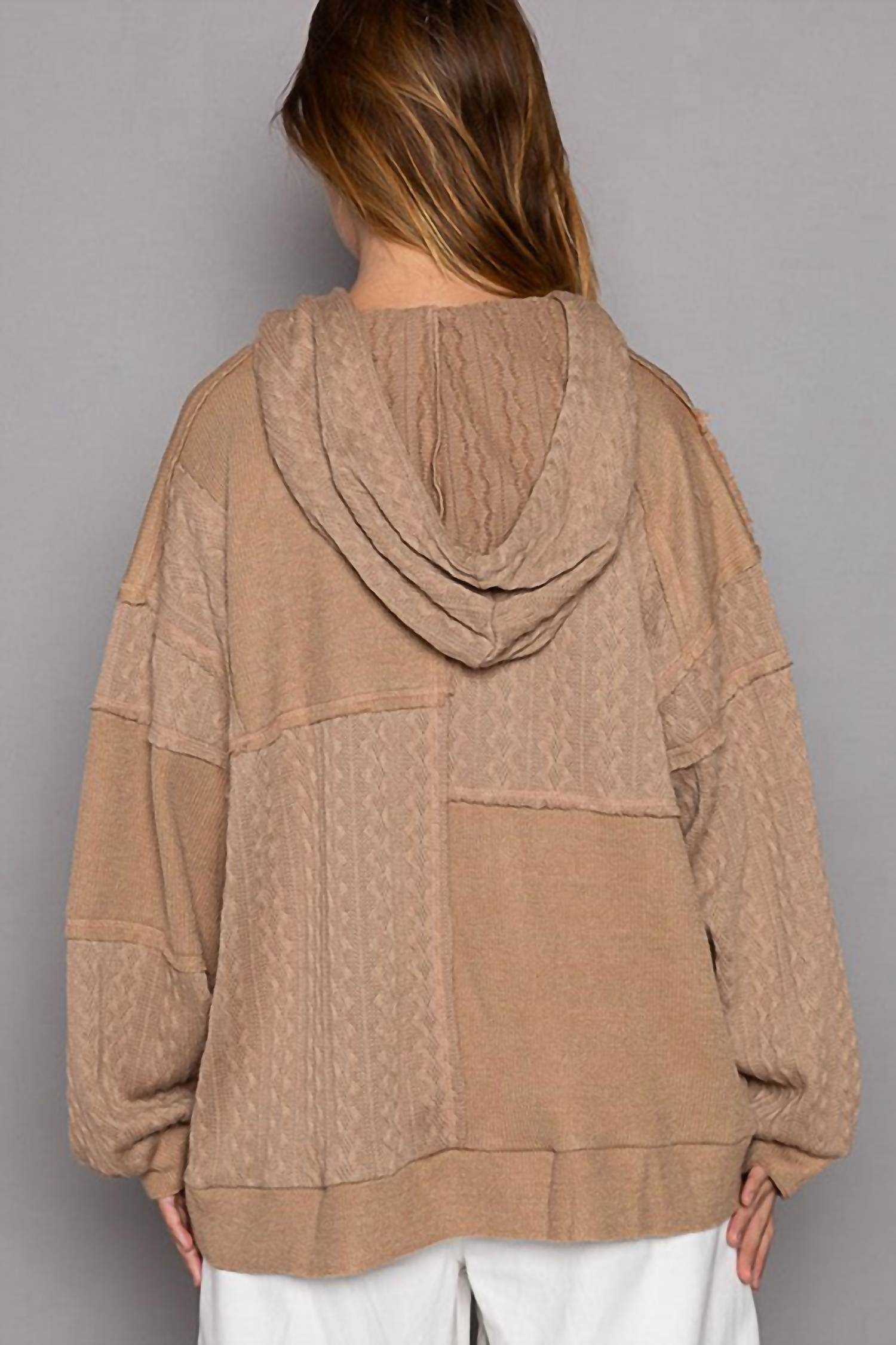 POL Balloon Sleeve Cut Sew Sweater Knit Top in mocha - women's top - detail view