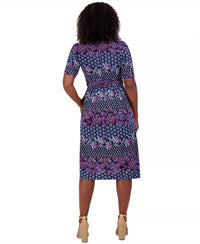 Jessica Howard Printed Ruched-sleeve Midi Dress in navy pink - women's dress - alternate view