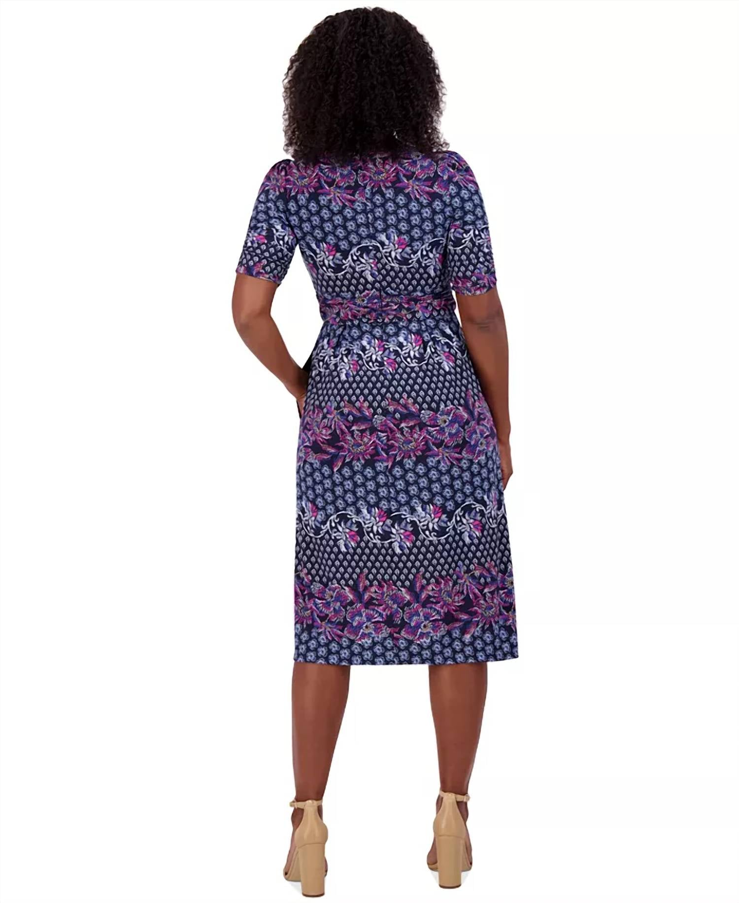 Jessica Howard Printed Ruched-sleeve Midi Dress in navy pink - women's dress - alternate view