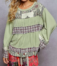 POL Relaxed Fit Print Plaid Full Sleeve Top in mint green - women's blouse