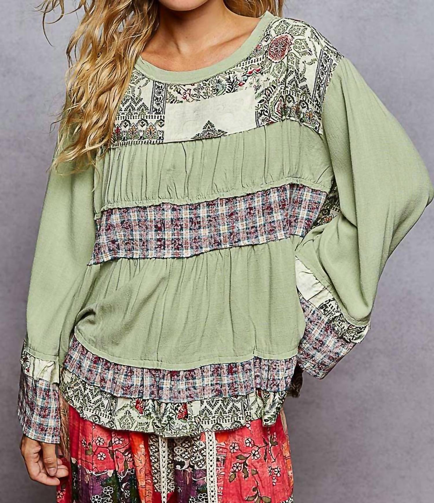 POL Relaxed Fit Print Plaid Full Sleeve Top in mint green - women's blouse