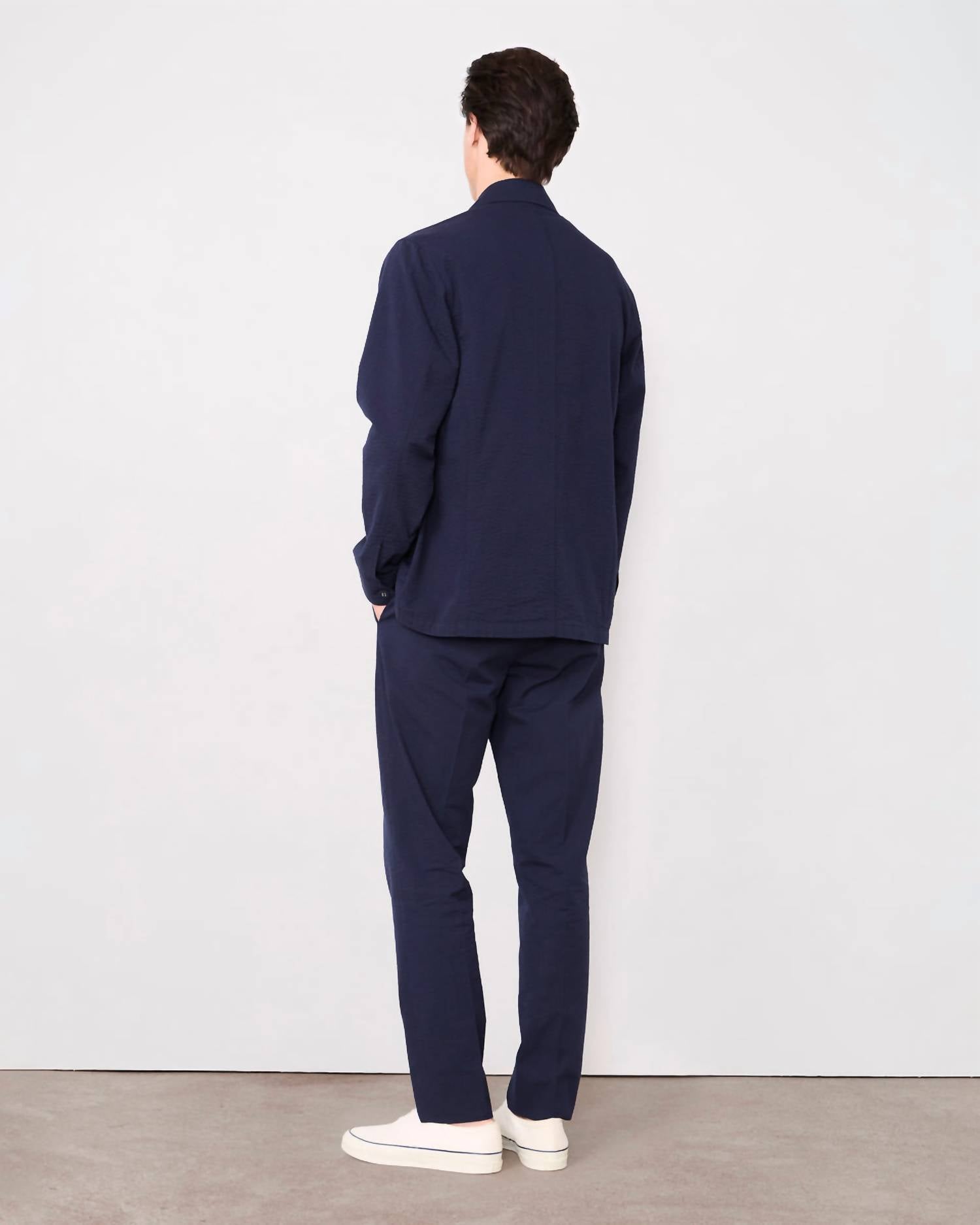 Officine Générale Sycamore Seersucker Overshirt in dark navy - men's shirt - alternate view