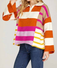 She + Sky - Color-block Collared Sweater