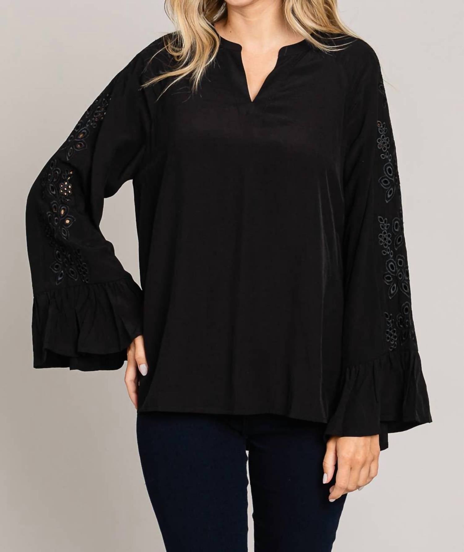 Cotton Bleu - Embroidered Sleeve Casual Top