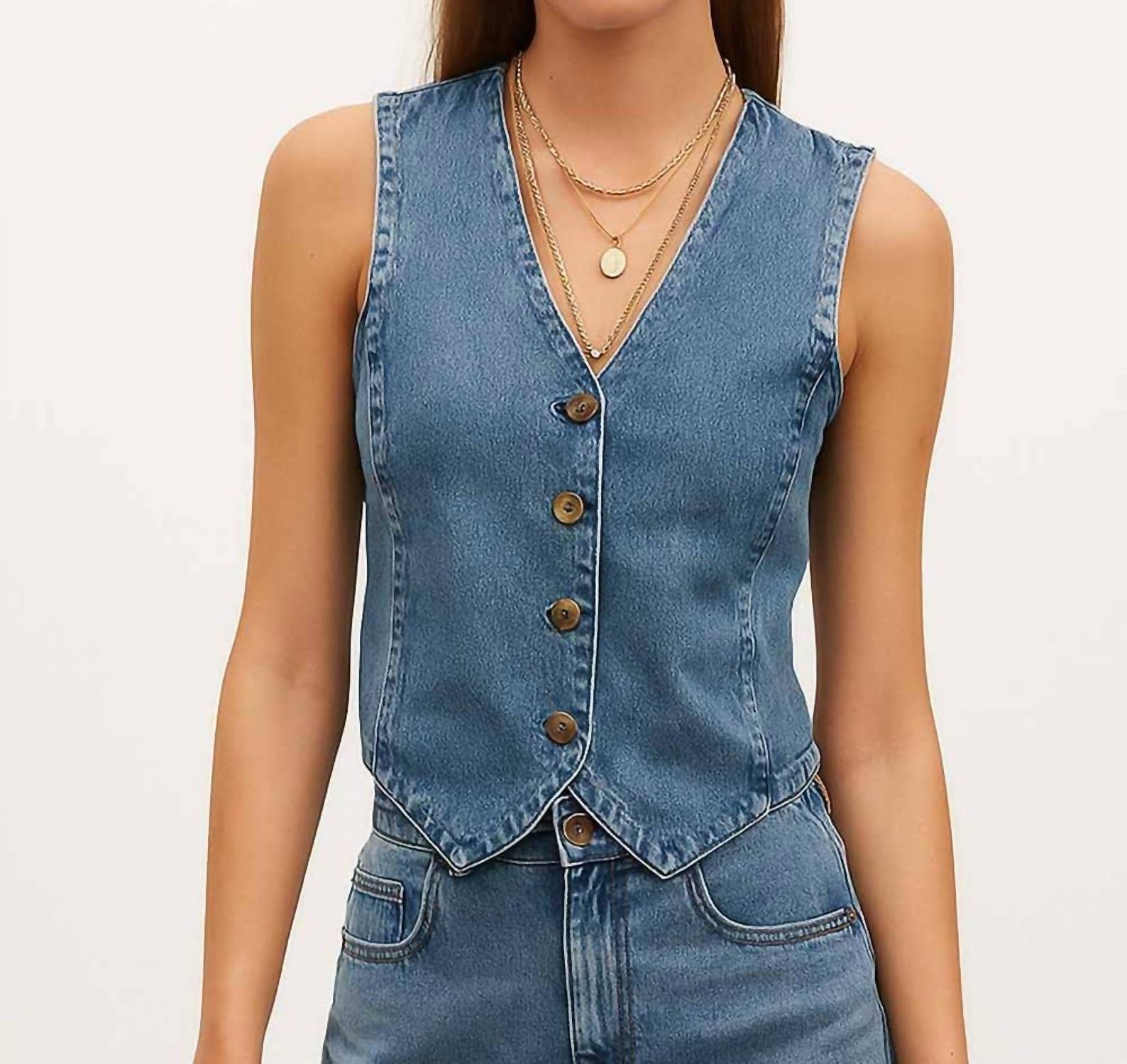Sweetkama - Denim Solid V Neck Vest