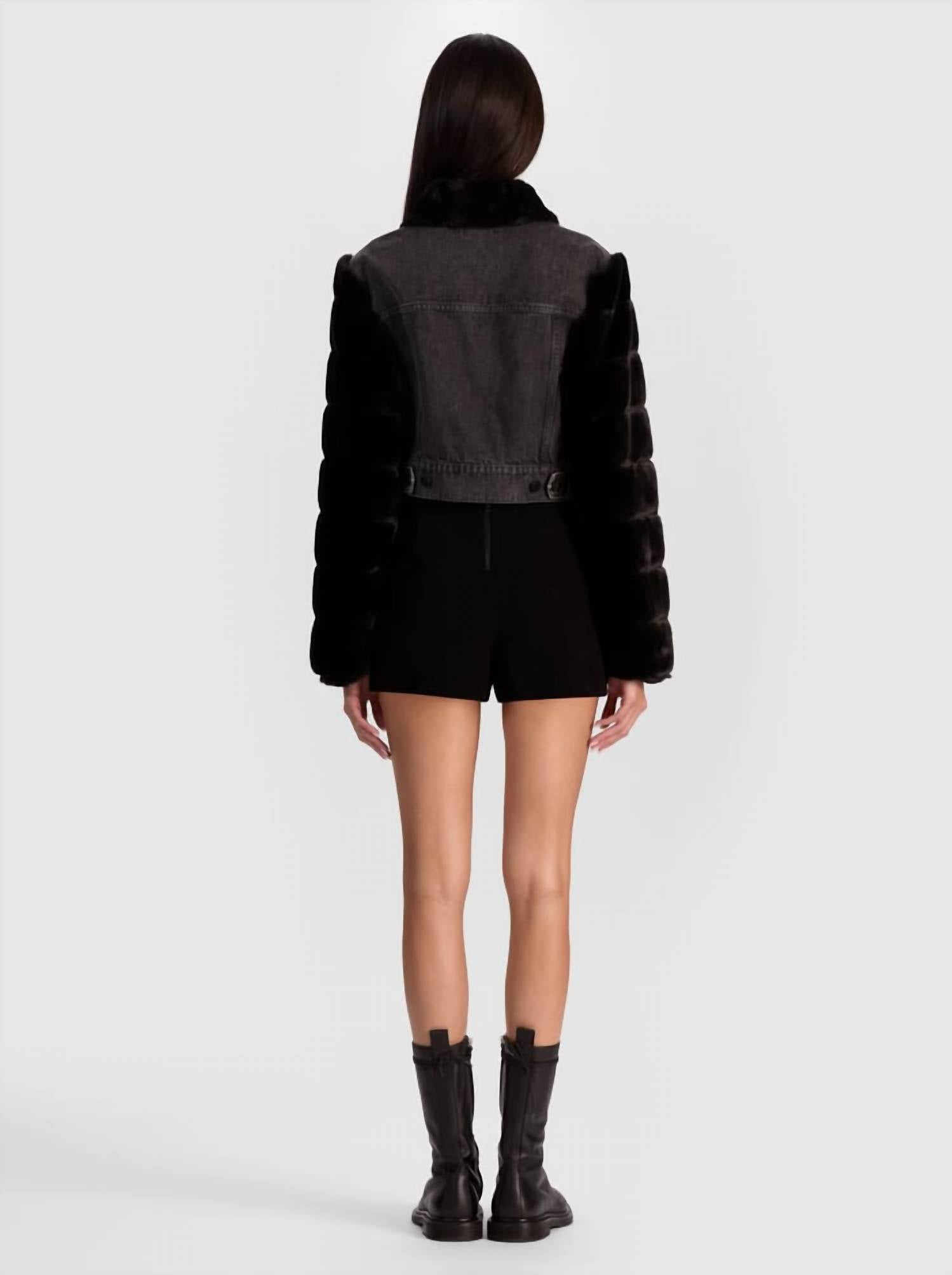 alice + olivia Jeff Faux Fur Denim Jacket in charlotte grey - women's jacket - detail view