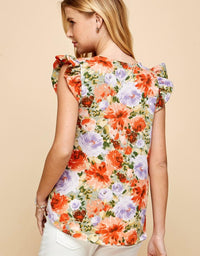 Les Amis - Floral Print Ruffled Short Sleeve Top