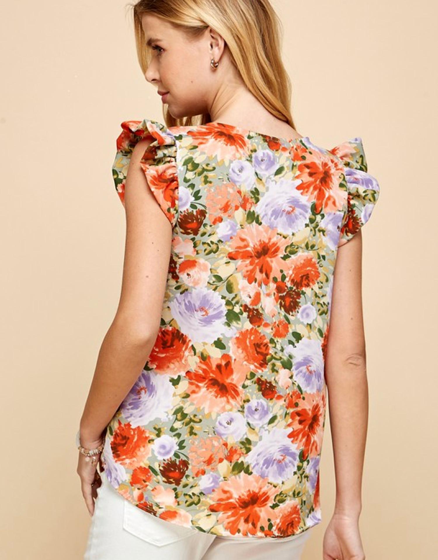 Les Amis - Floral Print Ruffled Short Sleeve Top