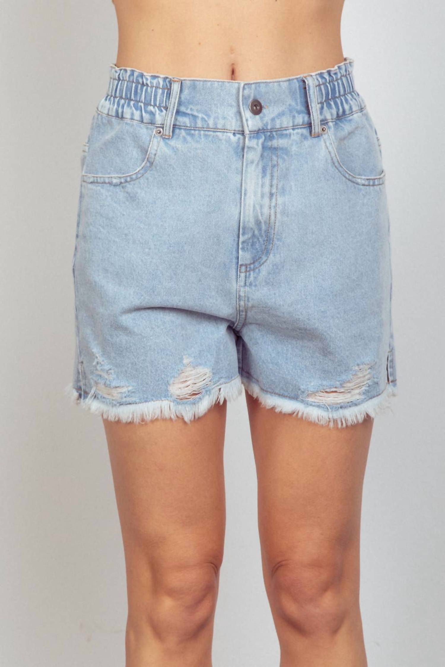 New In - Elastic High Waist Distressed Washed Denim Shorts