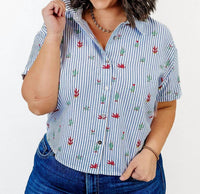 TRIBAL Button Front Blouse in striped cactus - women's blouse