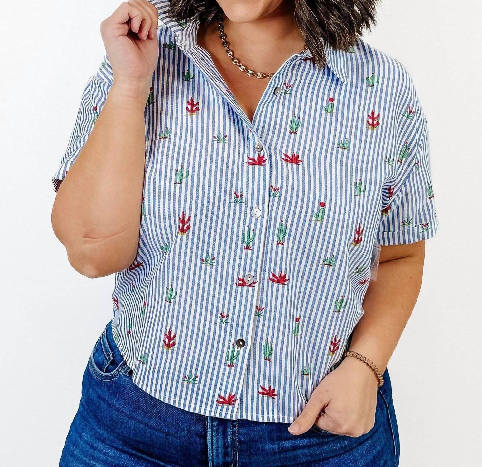 TRIBAL Button Front Blouse in striped cactus - women's blouse