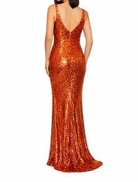 DRESS THE POPULATION Jordana Sequin Gown in orange - women's dress - detail view