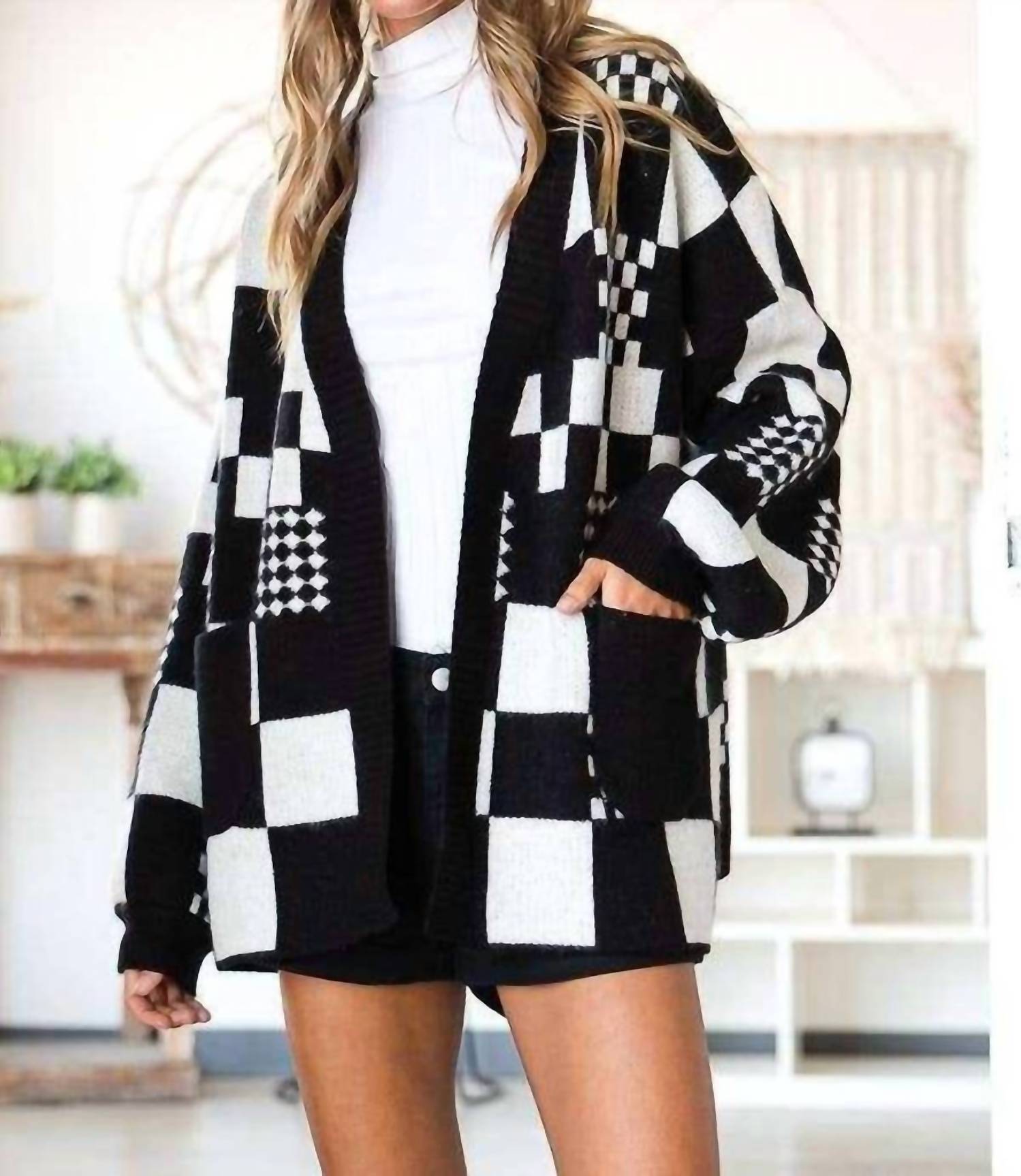 Jade By Jane - Block Check Open Knit Cardigan With Pocket