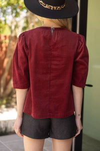 Voy - Pleated Puff Sleeve Corduroy Top
