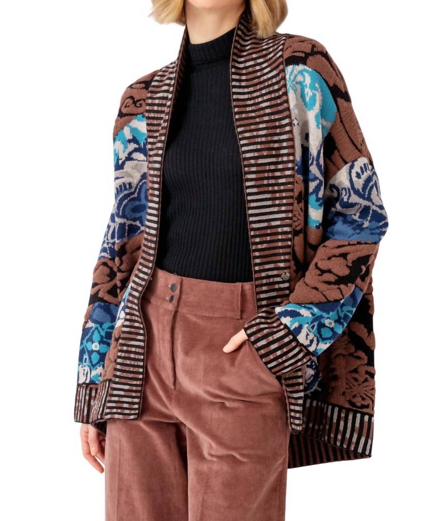 IVKO Jacquard Cocoon Coatigan in brown black - women's cardigan