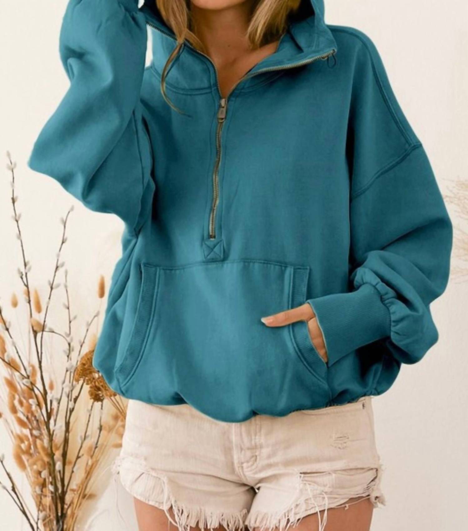BiBi Stitch Detailed Elastic Hem Half Zip Hoodie in vintage teal - women's top