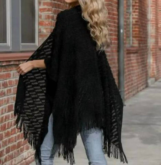 Leto - Women's Soft Diagonal Knit Fringe Trim Ruana Wrap Shawl