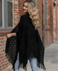 Leto - Women's Soft Diagonal Knit Fringe Trim Ruana Wrap Shawl