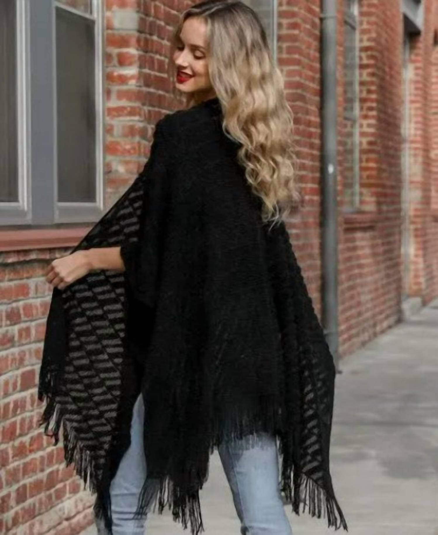 Leto - Women's Soft Diagonal Knit Fringe Trim Ruana Wrap Shawl