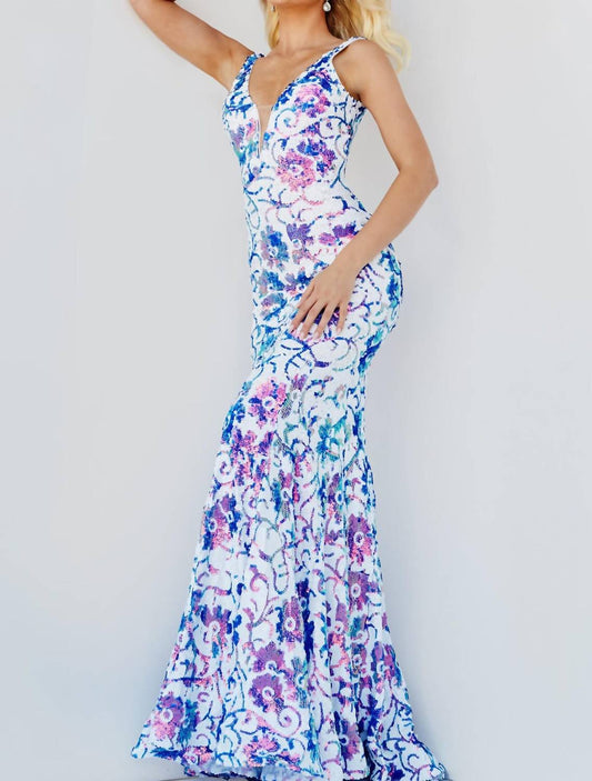 Jovani - Floral Sequin Fitted Prom Gown