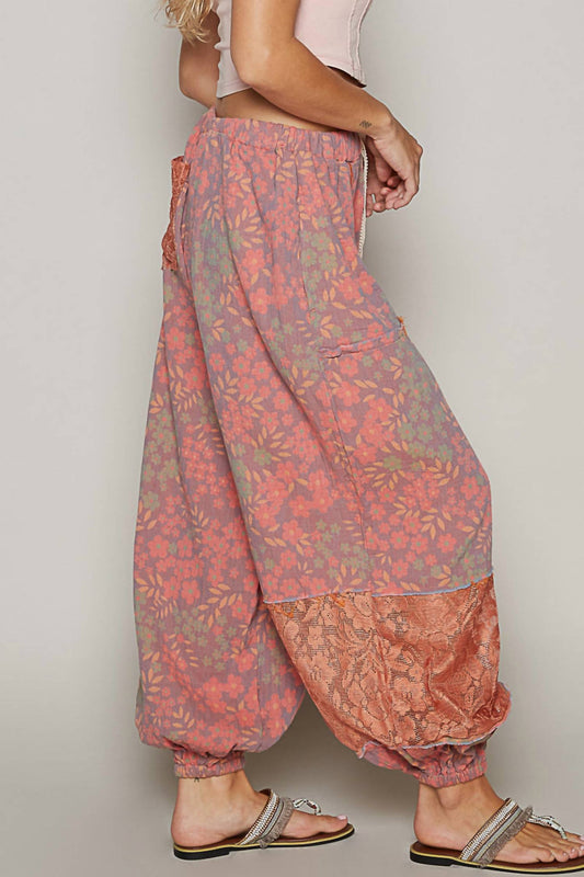 Pol - Floral Pattern Lace Patch Jogger Pants