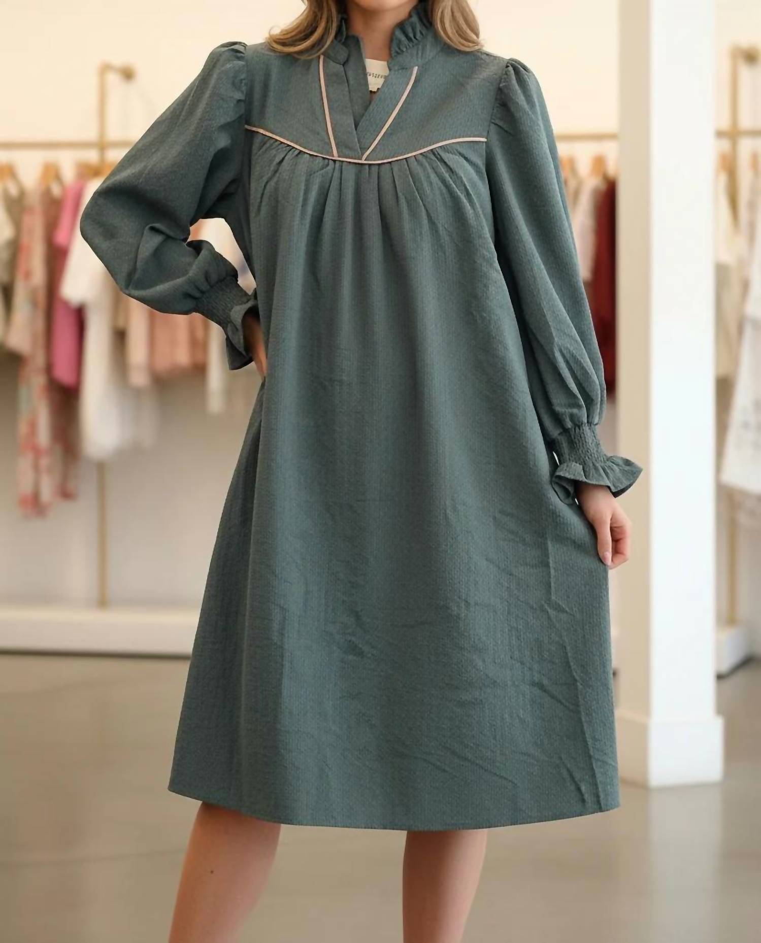 Umgee - Women's Puff Sleeve Ruffled V Neck Dress