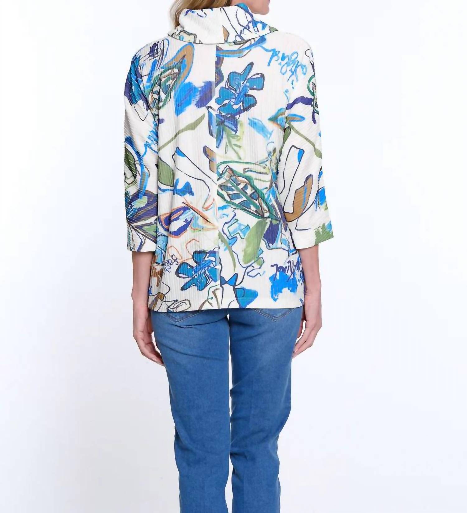 Multiples - Drawstring Cowl Neck Print Top