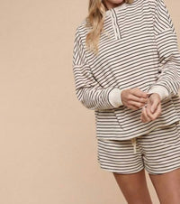 AnnieWear Soft Brushed Pin Stripe Pullover & Shorts Set in grey - women's sleepwear - detail view
