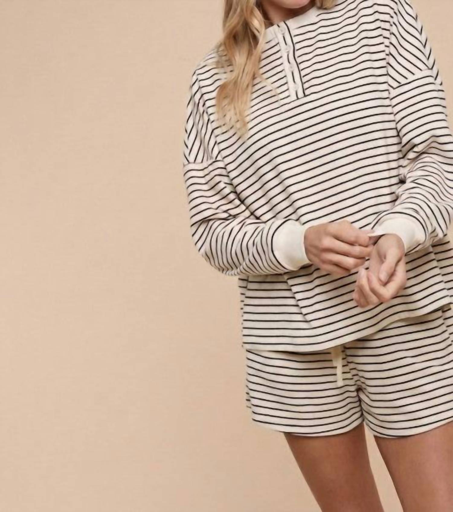 AnnieWear Soft Brushed Pin Stripe Pullover & Shorts Set in grey - women's sleepwear - detail view
