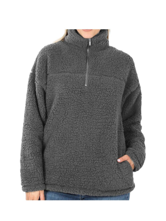 Zenana - Soft Sherpa Half Zip Pullover With Pockets