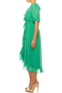 Maison Tara - Ruffle Sleeve Hi-lo Faux Wrap Midi Dress