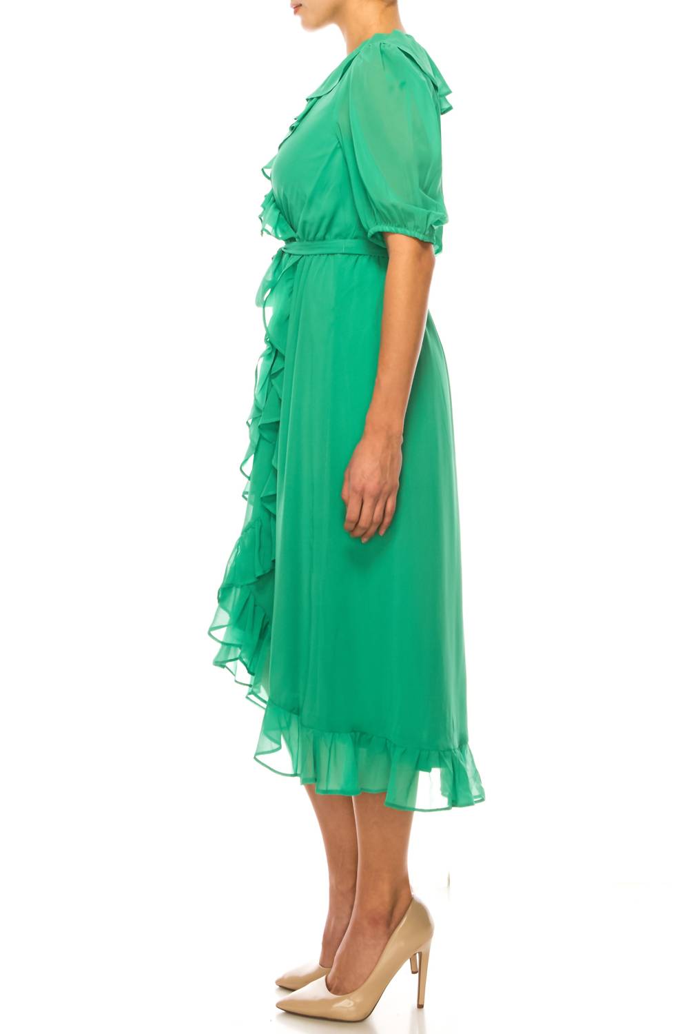 Maison Tara - Ruffle Sleeve Hi-lo Faux Wrap Midi Dress