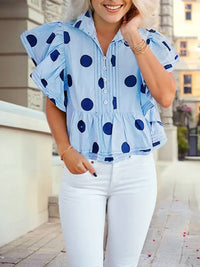 1 The Woman - Polka Dot Print Ruffled Short Sleeve Buttoned Collared Blouse