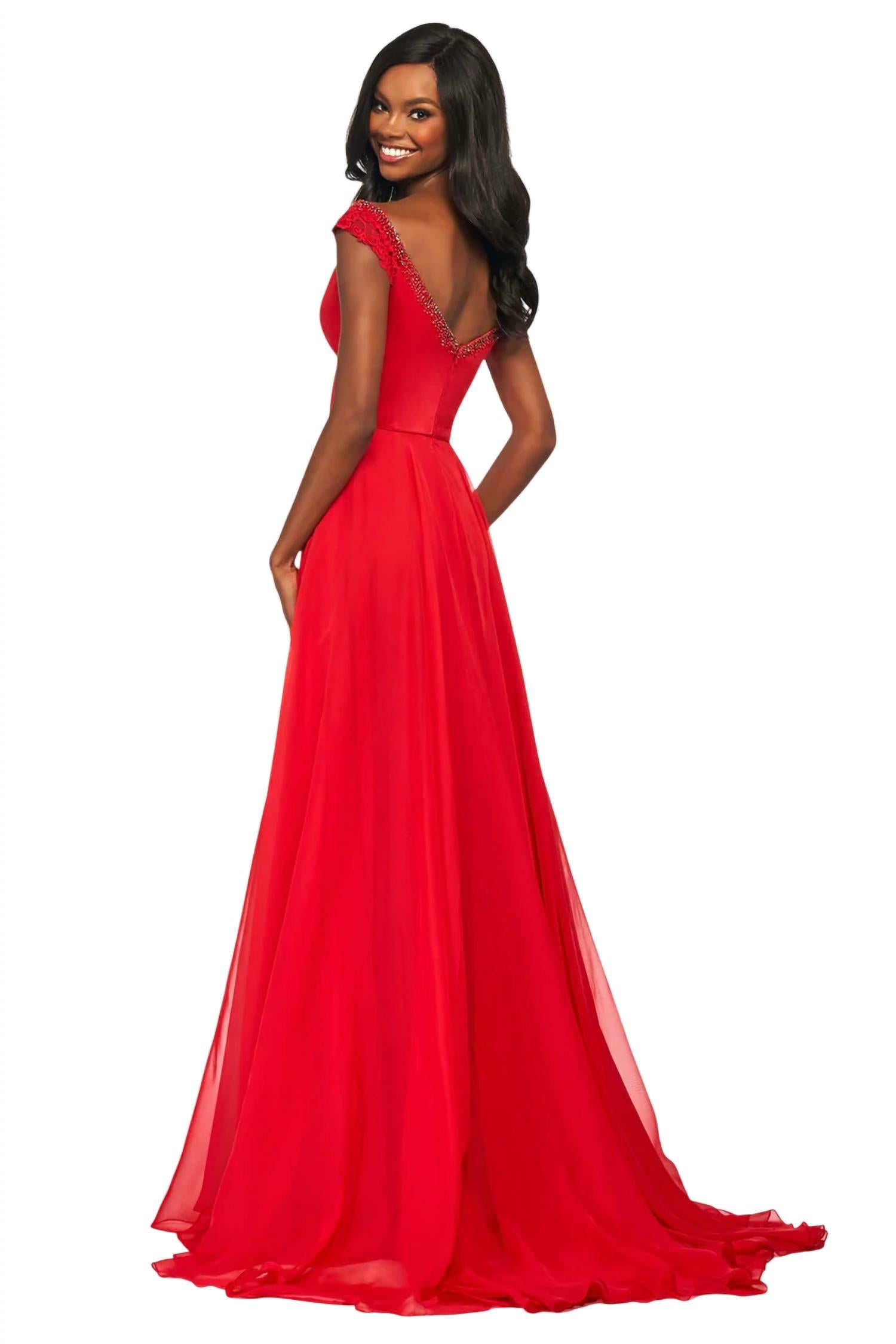 Sherri Hill - Lace Cap-Sleeves Chiffon Prom Dress