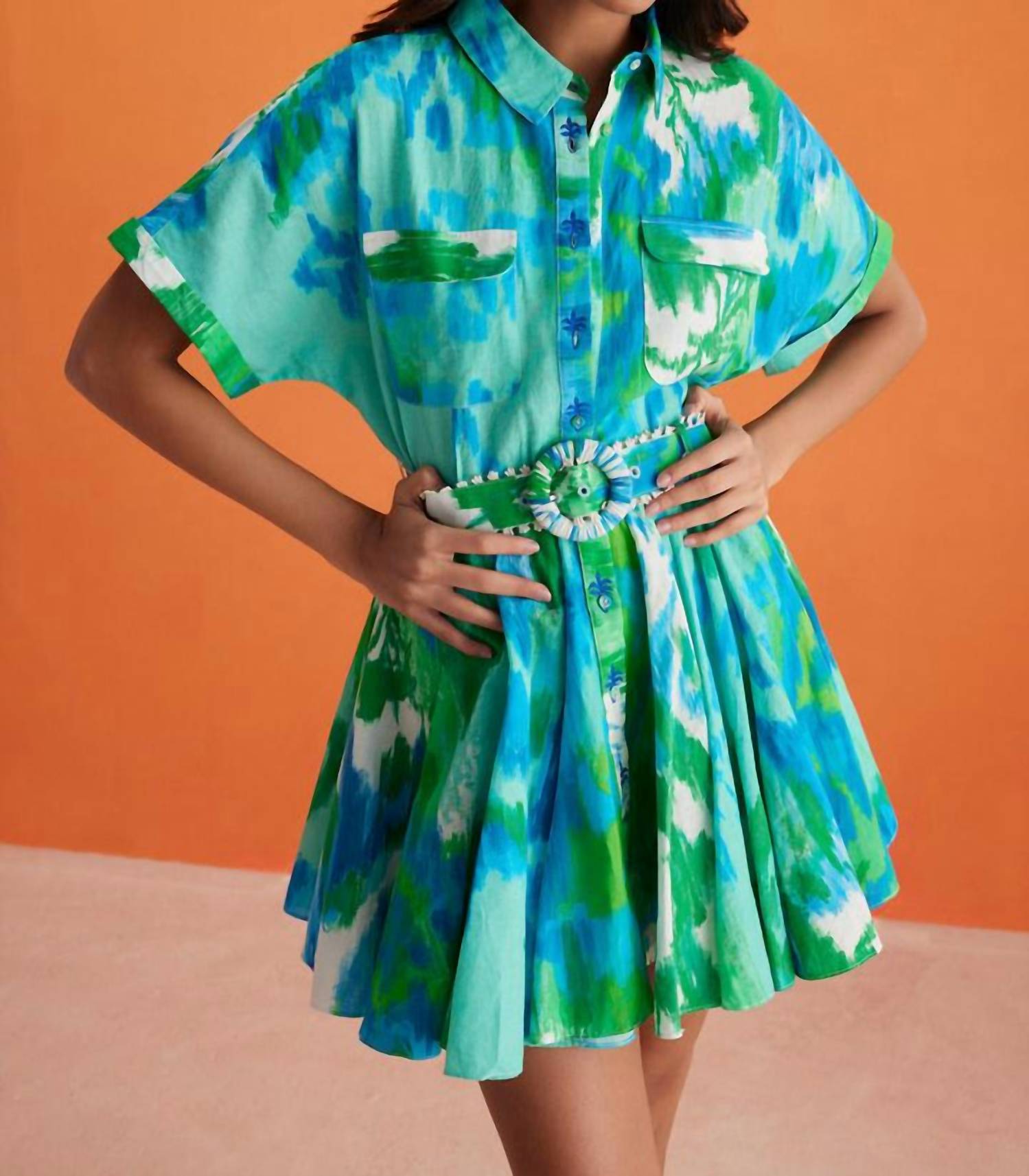 HEMANT & NANDITA Short Dress With Buckle Belt With Collar in blue green - women's dress - view 5