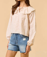 Lalavon - Gingham Eyelet Front Tie Ruffled Collar Top