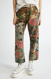 R13 - Camo patchwork utility pants with rose applique