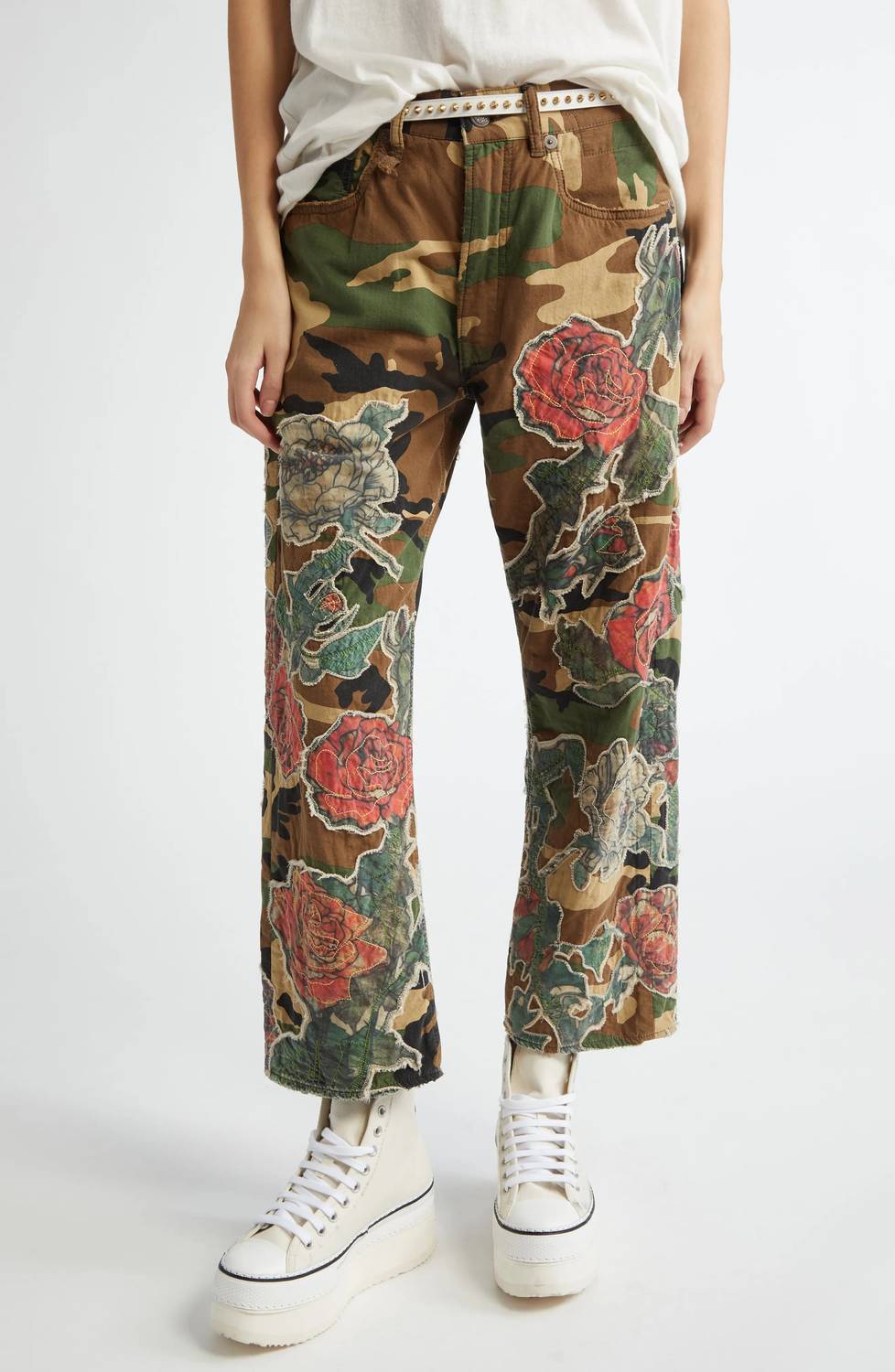 R13 - Camo patchwork utility pants with rose applique