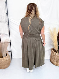She + Sky - Short Sleeve Smocked Waist Front Zip Midi Dress