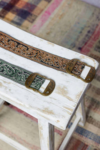 Pol - Women's Paisley Embroidered Boho Belt With Burnished Gold Buckle